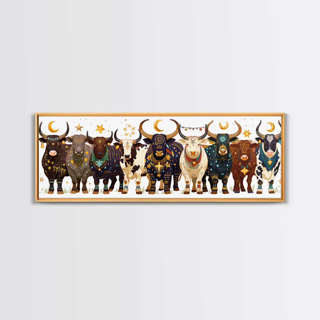 Celestial Boho African Bulls With Moon Charms Canvas Print, Colorful Safari Animal Wall Decor, Afrocentric Housewarming Gift