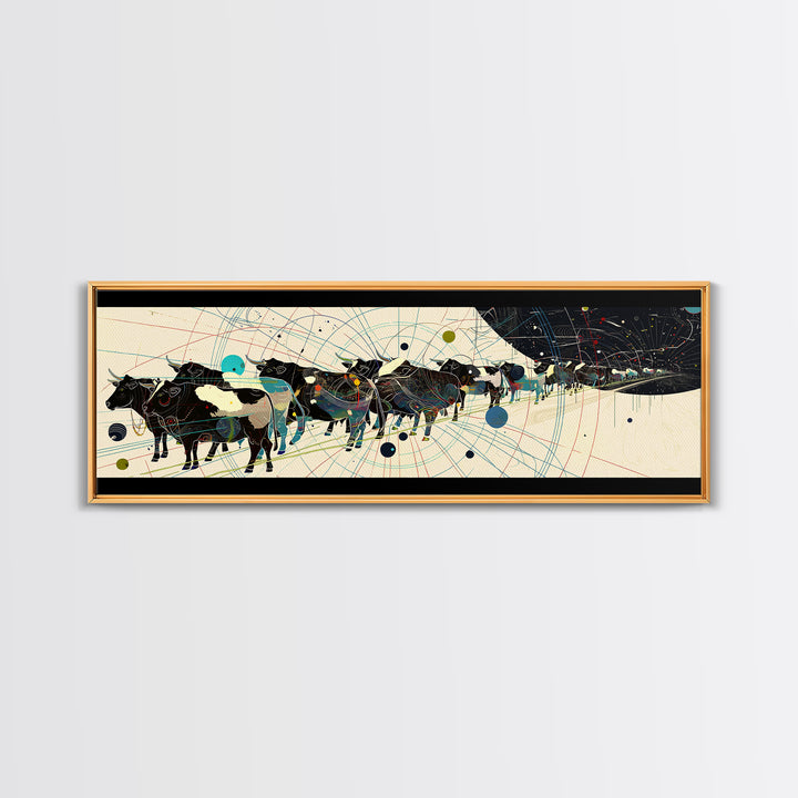 Abstract African Cattle Herd With Geometric Map Lines Framed Canvas Print, Modern Black Wall Art, Contemporary Office Decor