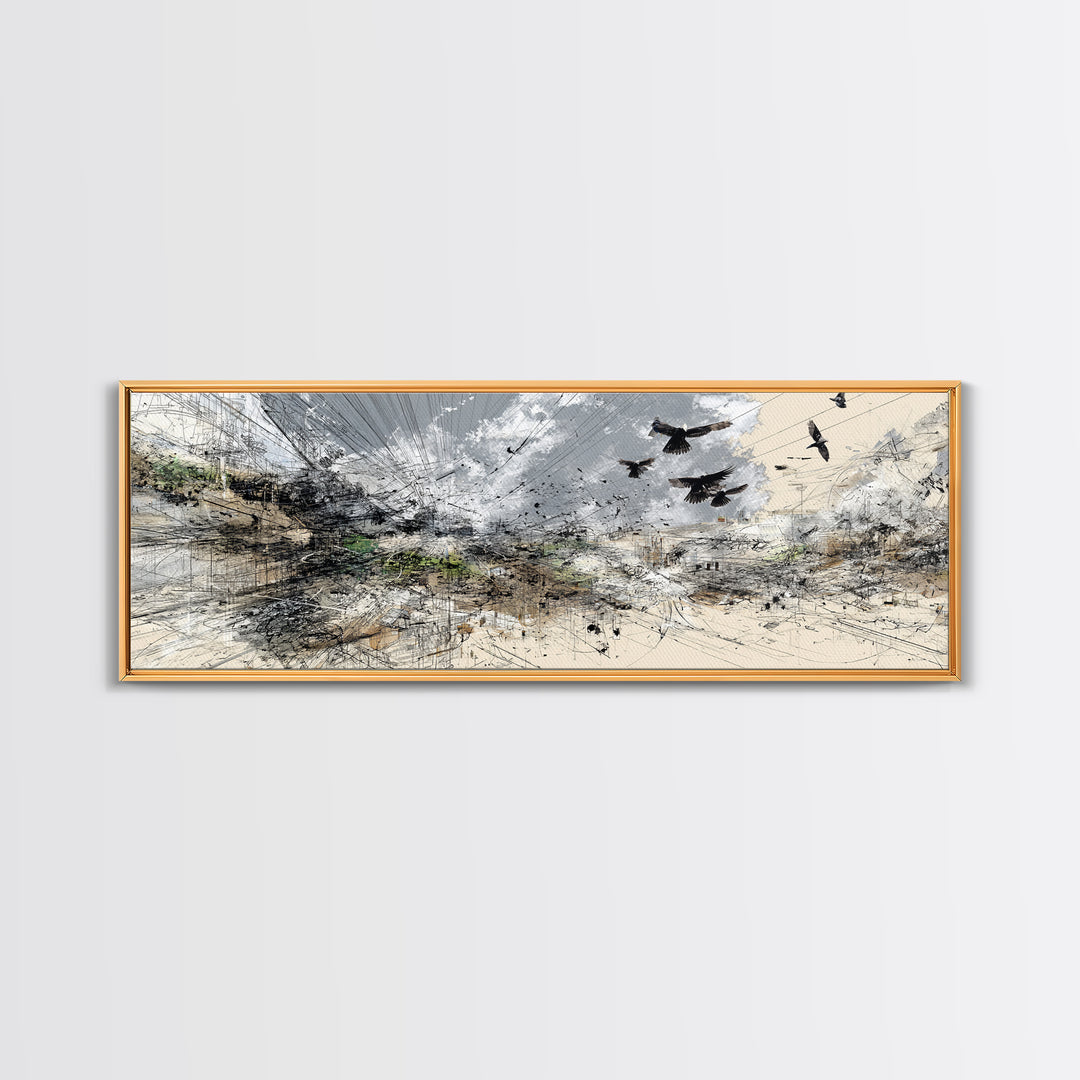 Stormy Abstract Birds Over Desert Horizon Wall Art, Modern African Inspired Landscape, Neutral Boho Large Canvas Decor Print