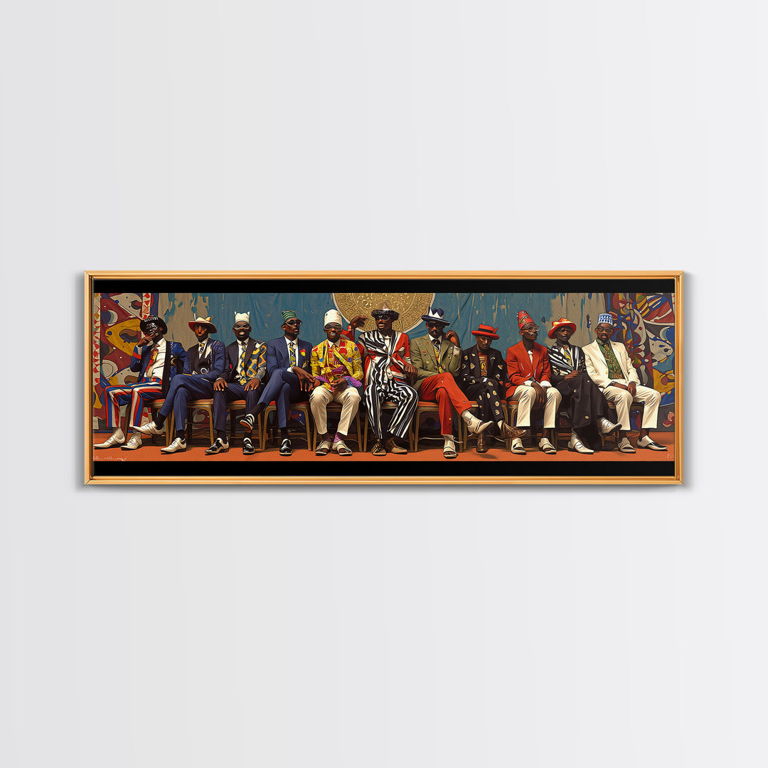 Seated African Dandy Chiefs In Colorful Suits Framed Canvas Print, Afrocentric Wall Decor, Black Culture Statement Art Gift