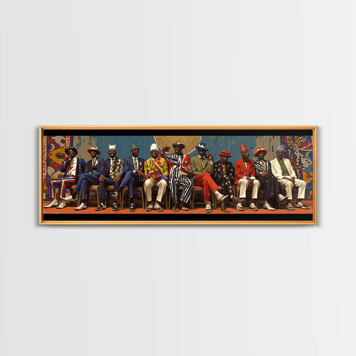 Seated African Dandy Chiefs In Colorful Suits Framed Canvas Print, Afrocentric Wall Decor, Black Culture Statement Art Gift