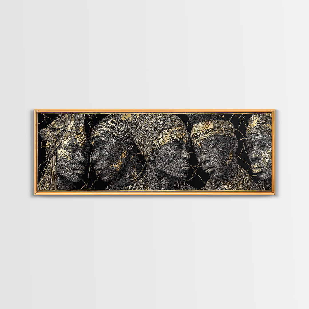 Gold Etched African Elder Profiles On Black Canvas Print, Elegant Tribal Portrait Wall Art, Luxury Afrocentric Home Decor