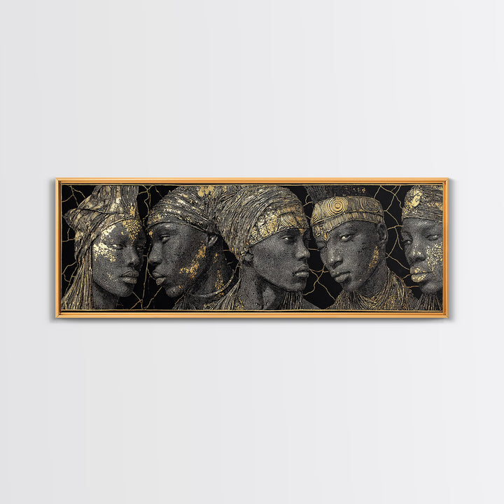 Gold Etched African Elder Profiles On Black Canvas Print, Elegant Tribal Portrait Wall Art, Luxury Afrocentric Home Decor