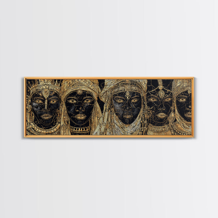 Regal Black And Gold African Queen Faces Framed Canvas Print, Goddess Portrait Wall Art, Luxury Afrocentric Home Decor Gift
