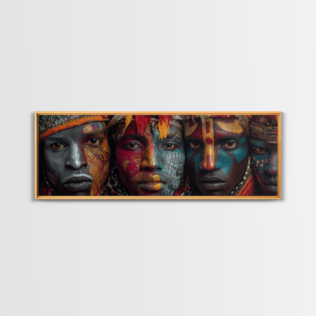 Intense Tribal Painted Faces With Feathers Wall Art, African Warrior Portrait Canvas Print, Bold Afrocentric Home Decor Gift
