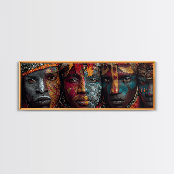 Intense Tribal Painted Faces With Feathers Wall Art, African Warrior Portrait Canvas Print, Bold Afrocentric Home Decor Gift