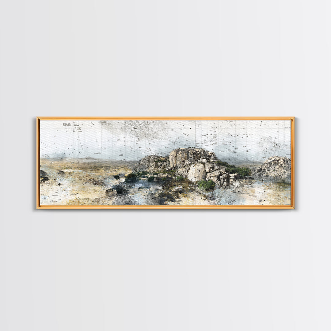 Rocky African Desert Landscape Wall Art, Vintage Map Texture, Neutral Safari Nature Scene, Modern Canvas Print For Office