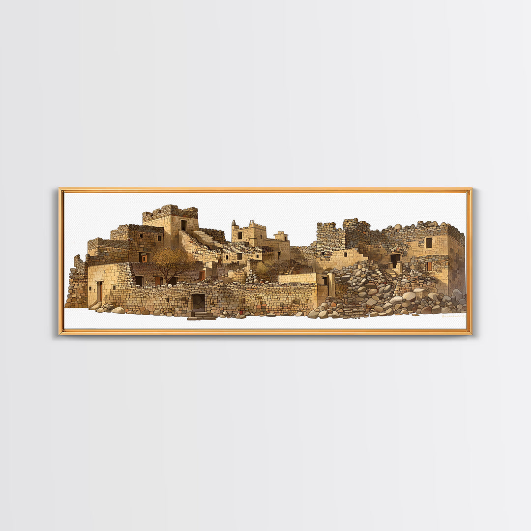 Ancient Desert Stone Village Ruins Wall Art, African Landscape Print, Moroccan Travel Decor, Rustic Cultural Home Decor Gift