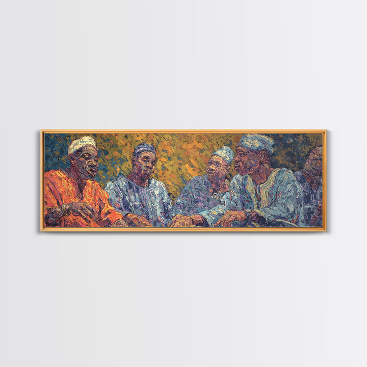 Elder African Men In Blue Robes Framed Canvas Print, Expressive Portrait Wall Decor, Cultural Painting, Afrocentric Art Gift