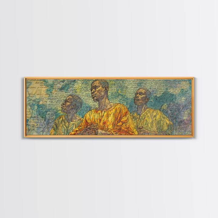 Three African Men Portrait Wall Art, Handwritten Script Texture, Yellow Blue Cultural Decor, Modern Afrocentric Canvas Print