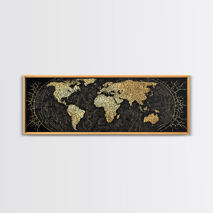 Gold Cracked World Map On Black Canvas Print, African Travel Wall Art, Luxury Home Decor, Modern Office Decor, Gift For Him