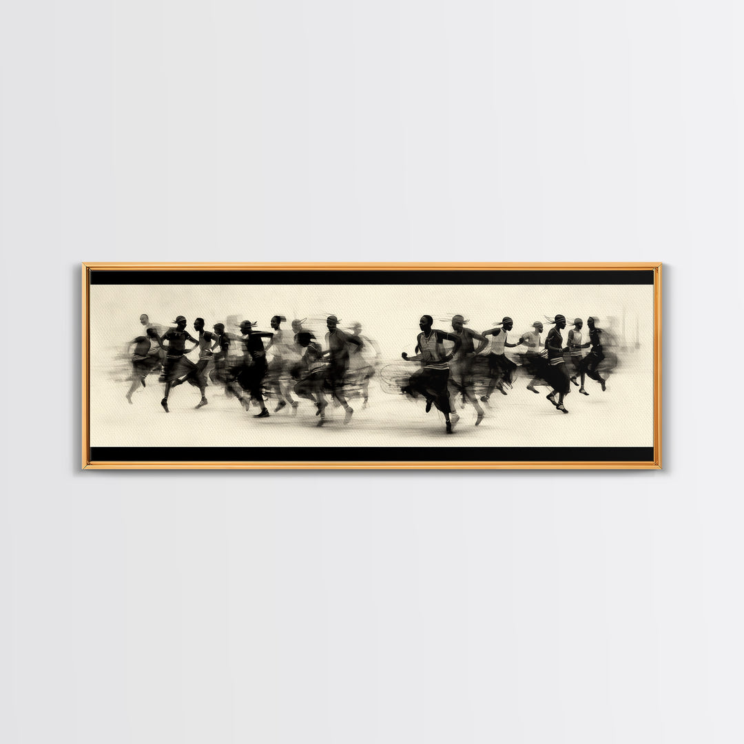 Panoramic Black Runners In Motion Wall Art, African Dance Art Print, Minimalist Charcoal Canvas Print, Modern Home Decor