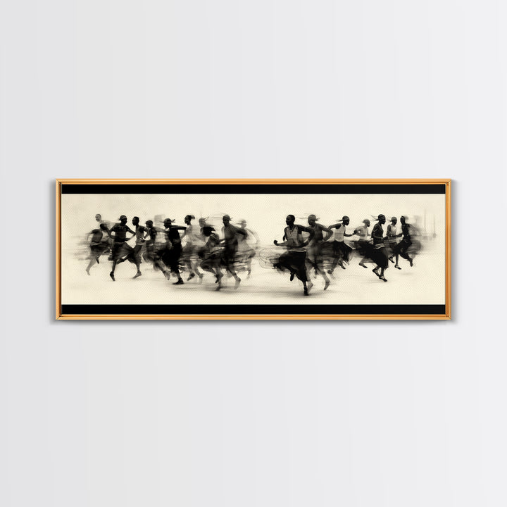 Panoramic Black Runners In Motion Wall Art, African Dance Art Print, Minimalist Charcoal Canvas Print, Modern Home Decor