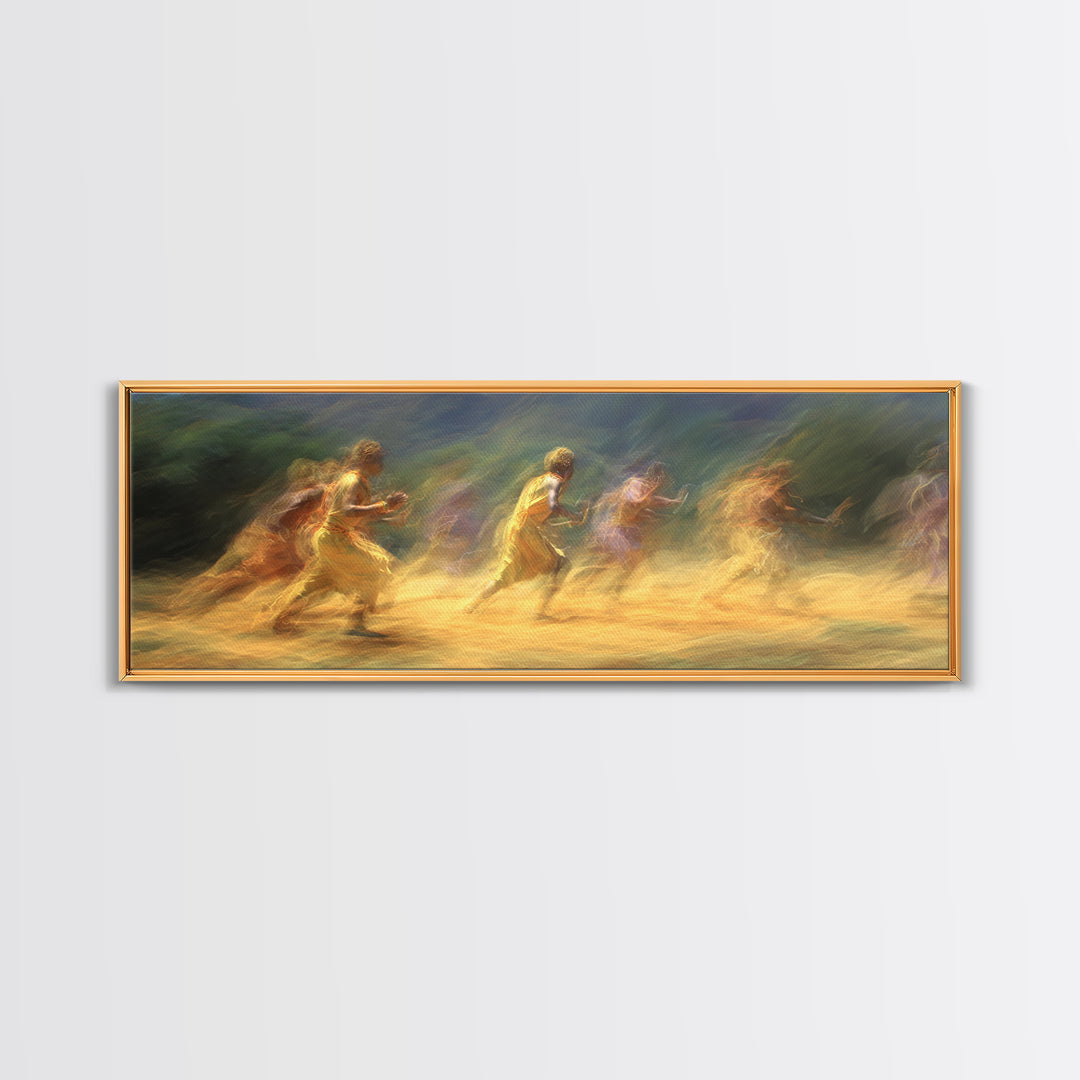 Sunlit Impressionist Runners Across Landscape Wall Art, African Inspired Canvas Print, Dreamy Nature Scene Art, Large Decor Art