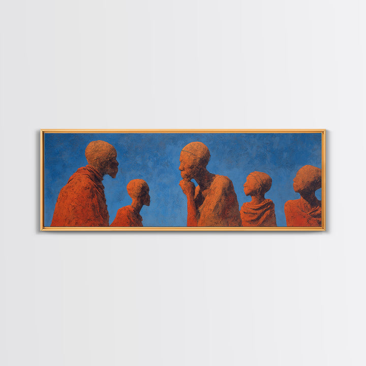 Terracotta African Figures Sharing Stories On Blue Wall Art, Tribal Family Decor, Cultural Portrait Print, Warm Minimalist Art