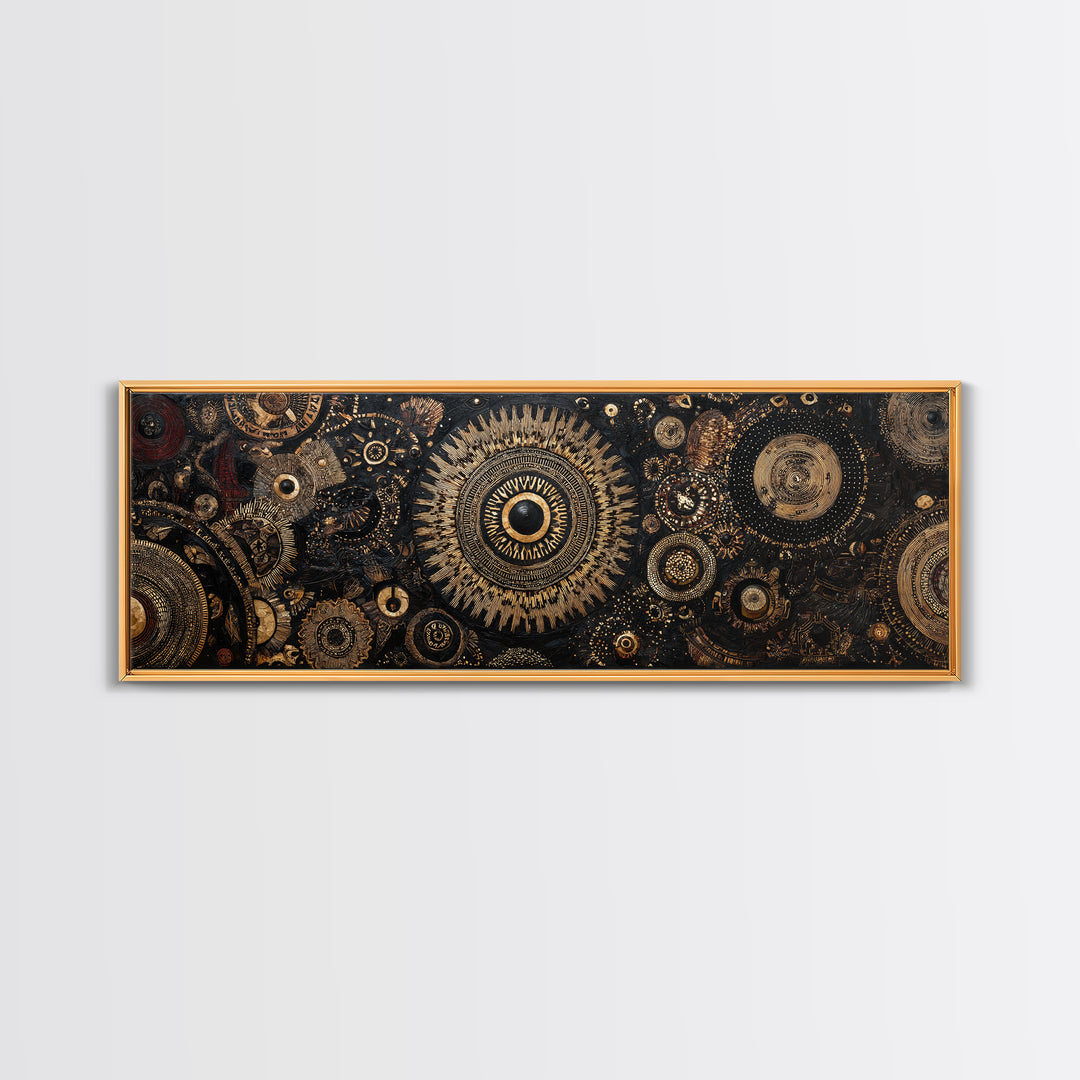 Ornate Black And Gold Mandala Gears Abstract Wall Art, Luxury Canvas Decor, Geometric Pattern Print, Elegant Home Decor Art