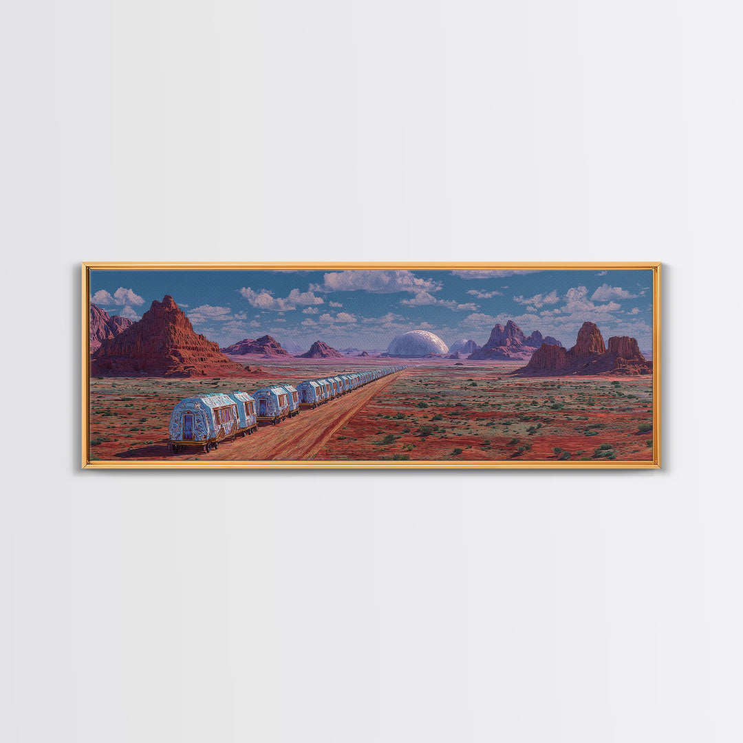 Futuristic Desert Train Crossing Red Plains Canvas Print, African Landscape Wall Art, Modern Canvas Art, Large Home Decor