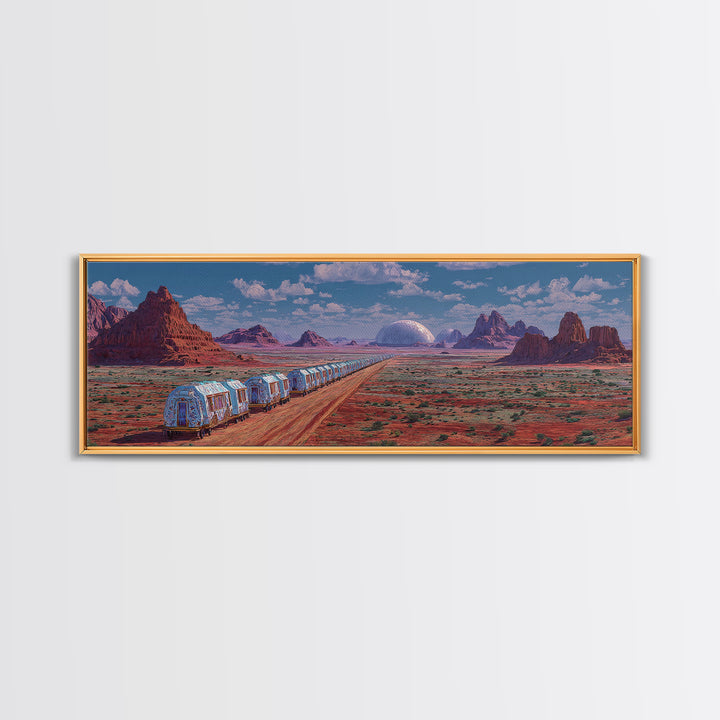 Futuristic Desert Train Crossing Red Plains Canvas Print, African Landscape Wall Art, Modern Canvas Art, Large Home Decor