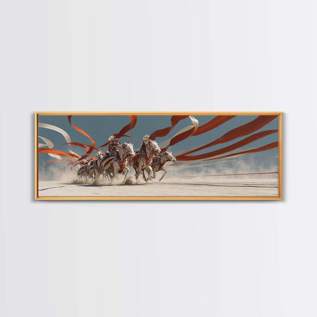 White Horses And Chariot Riders With Flowing Ribbons Wall Art, African Warrior Art, Equestrian Canvas Print, Statement Decor