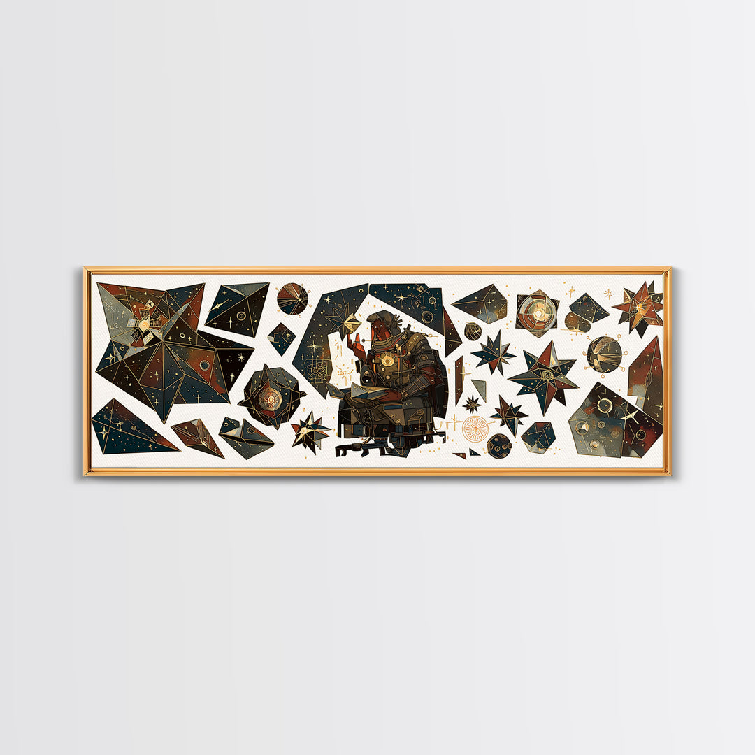 Celestial African Scholar Wall Art, Geometric Stars And Astronomy Decor, Afrocentric Canvas Print For Office Or Study Room