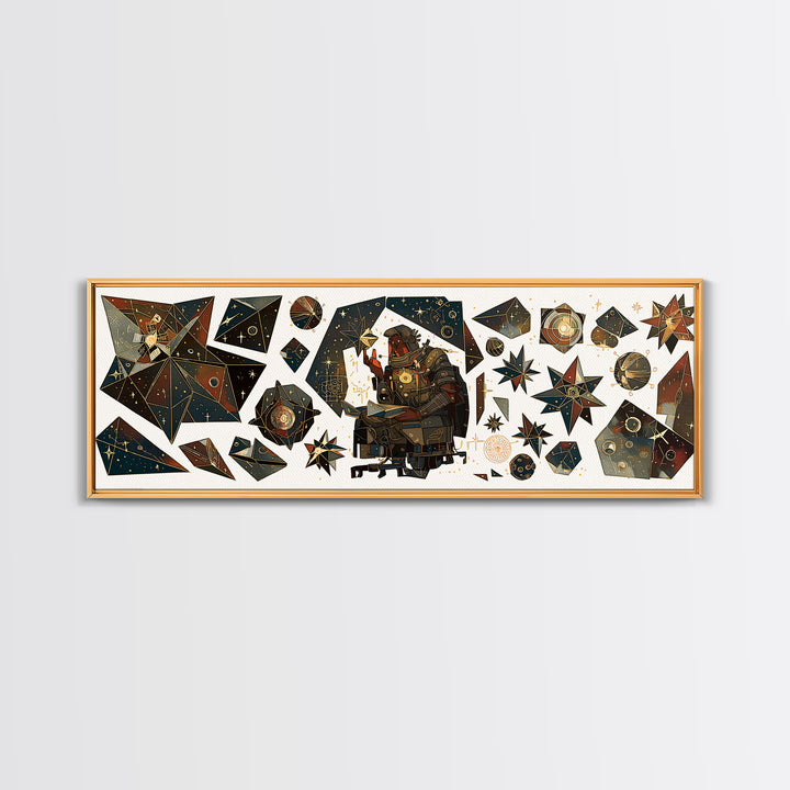 Celestial African Scholar Wall Art, Geometric Stars And Astronomy Decor, Afrocentric Canvas Print For Office Or Study Room