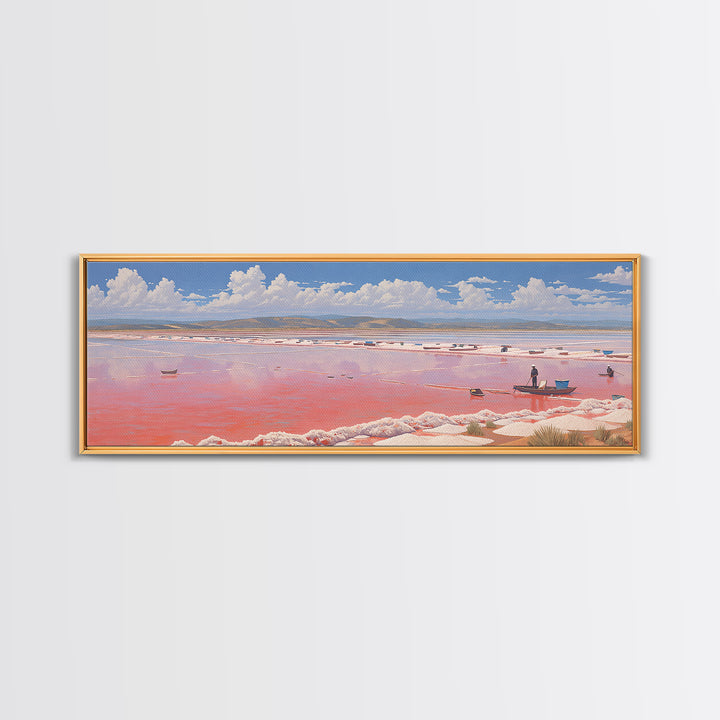 Pink Salt Lake Boats Wall Art, Pastel African Landscape, Coastal Travel Poster, Serene Canvas Decor For Living Room Gift