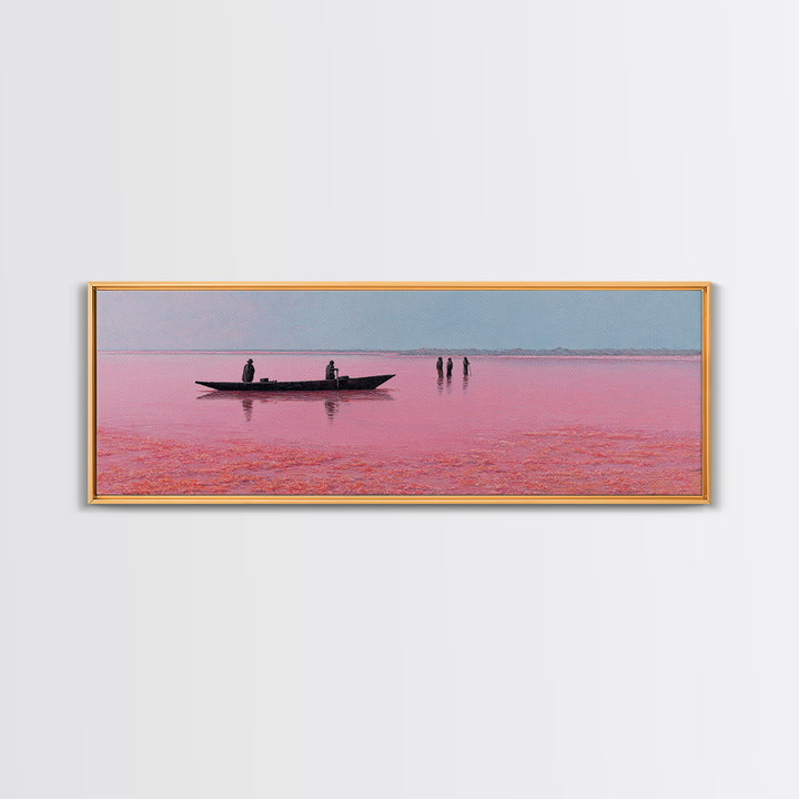 Minimal Pink Lake Boat Wall Art, African Seascape Print, Black Silhouette Decor, Calm Pastel Landscape For Bedroom Wall Decor