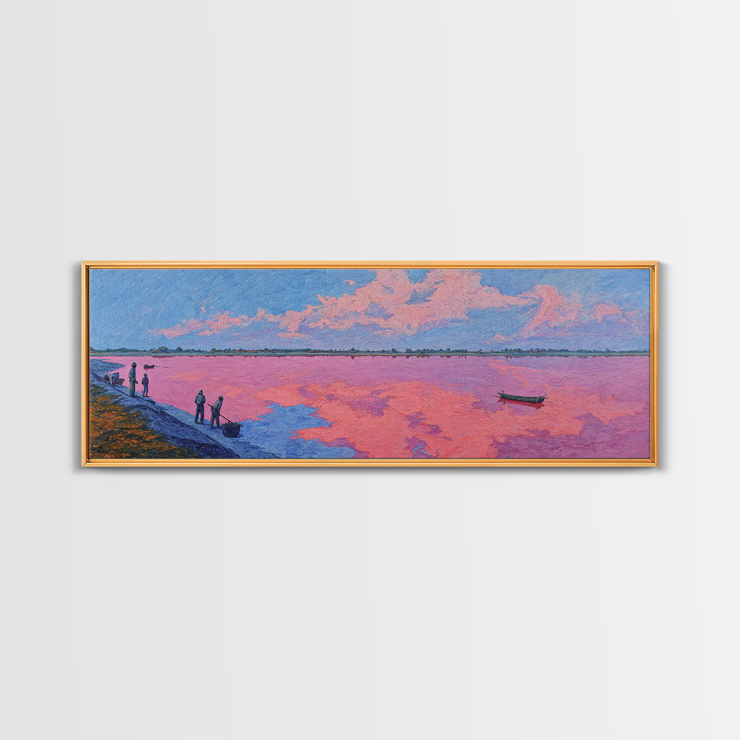 Pastel Pink Lake Sunset Canvas Print, African Landscape With Boat, Dreamy Wall Decor, Modern Coastal Art For Living Room