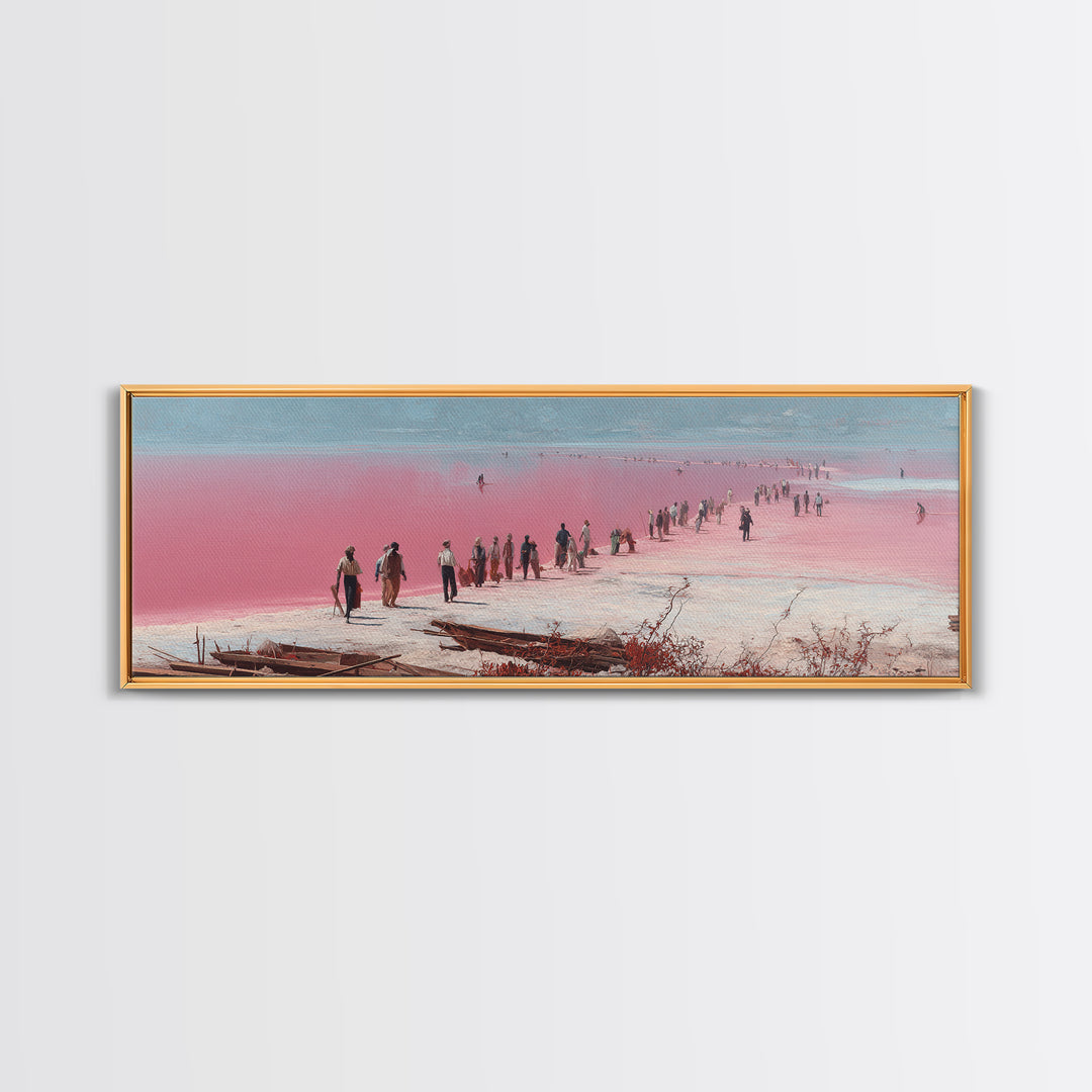 Pink Salt Flats Procession Wall Art, African Lake Landscape, Coastal Travel Poster, Pastel Canvas Decor For Living Room Gift