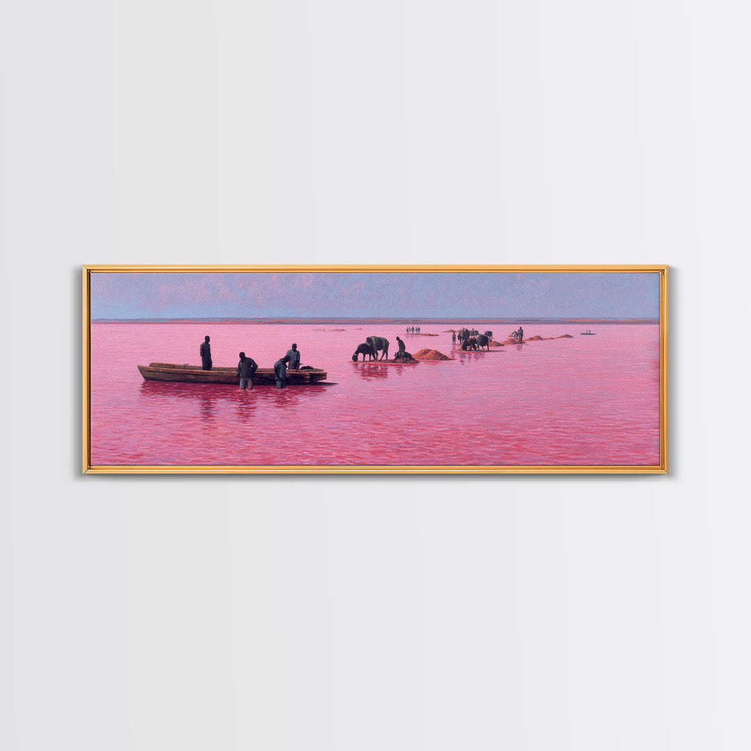 Pink Lake Salt Harvest Canvas Print, African Boats And Cattle Landscape, Coastal Wall Decor, Unique Living Room Art Gift