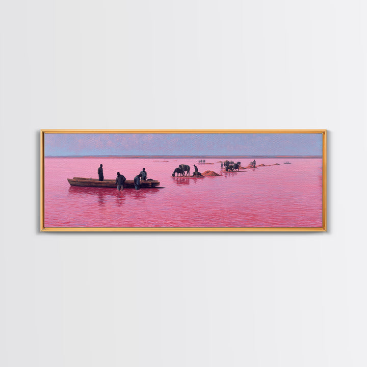 Pink Lake Salt Harvest Canvas Print, African Boats And Cattle Landscape, Coastal Wall Decor, Unique Living Room Art Gift