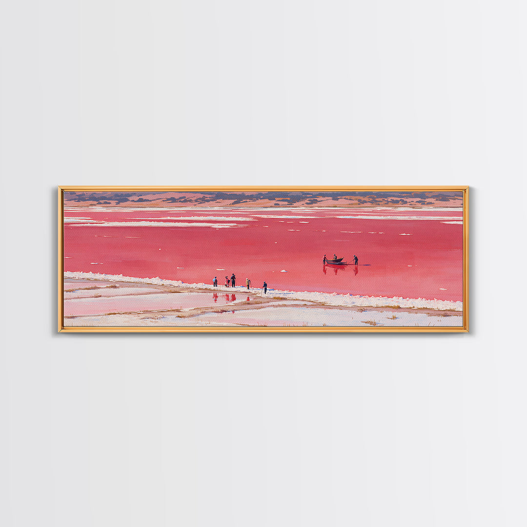 Red Pink Salt Lake Boat Wall Art, African Coastal Landscape, Minimal Travel Poster, Vibrant Canvas Style For Living Room Decor