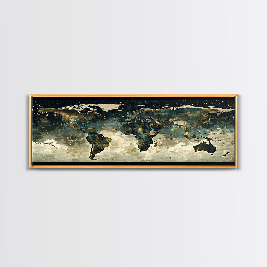 Abstract World Map Wall Art, Earth Tone Travel Decor, Modern Canvas Print Style, Office Geography Poster For Home Office Decor