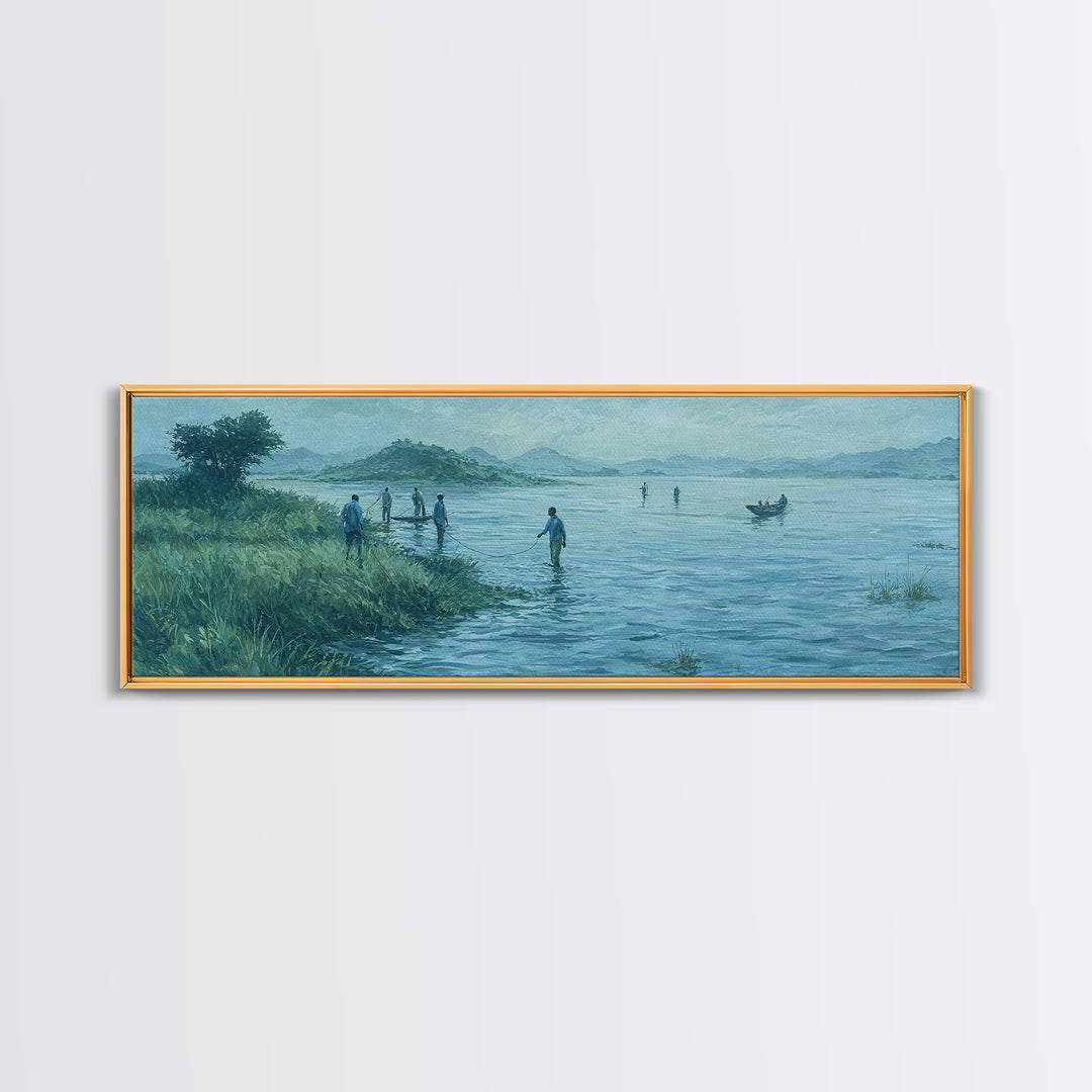 Blue Lakeside Village Landscape Wall Art, African Landscape Canvas Print, Serene Nature Scene, Living Room Decor Gift For Home