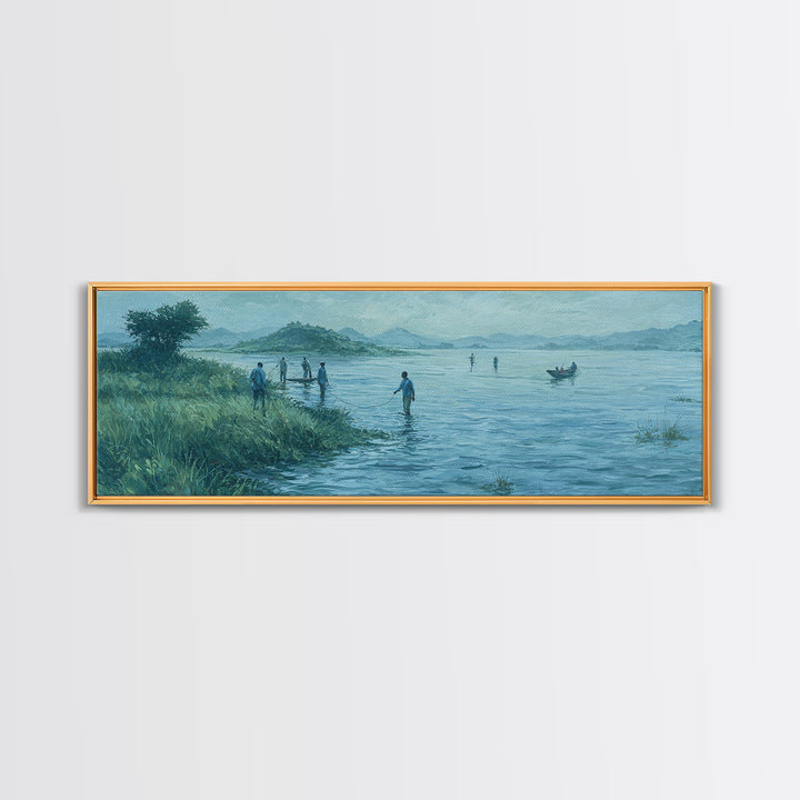 Blue Lakeside Village Landscape Wall Art, African Landscape Canvas Print, Serene Nature Scene, Living Room Decor Gift For Home
