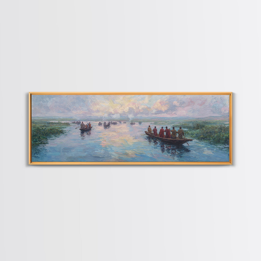 Pastel River Boats At Sunset Wall Art, African Landscape Canvas Print, Serene Safari Decor, Coastal Living Room Gift For Home