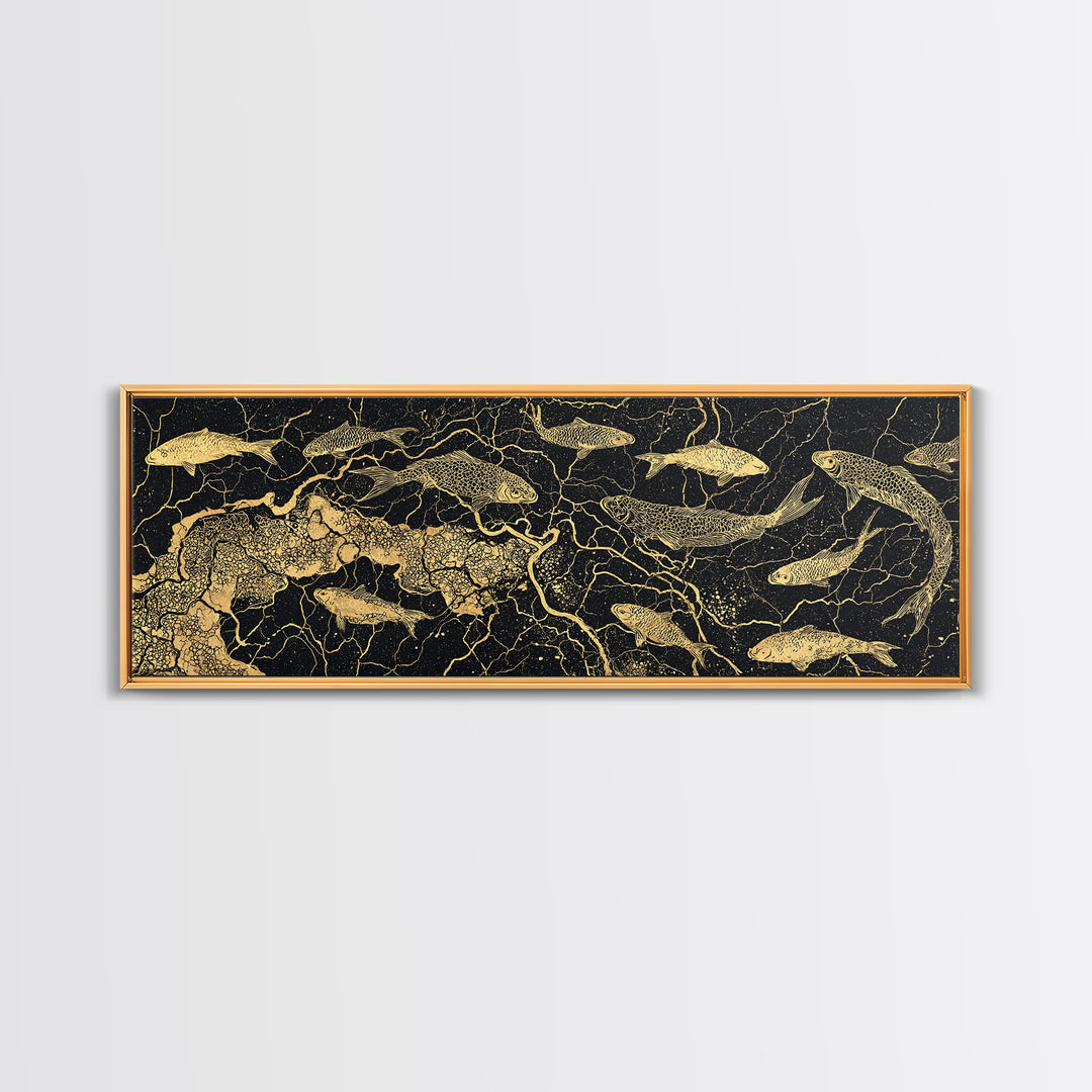 Gold Koi Fish And Cracked Map Wall Art, Black And Gold Canvas Print, African Inspired Decor, Luxury Statement Home Art Gift