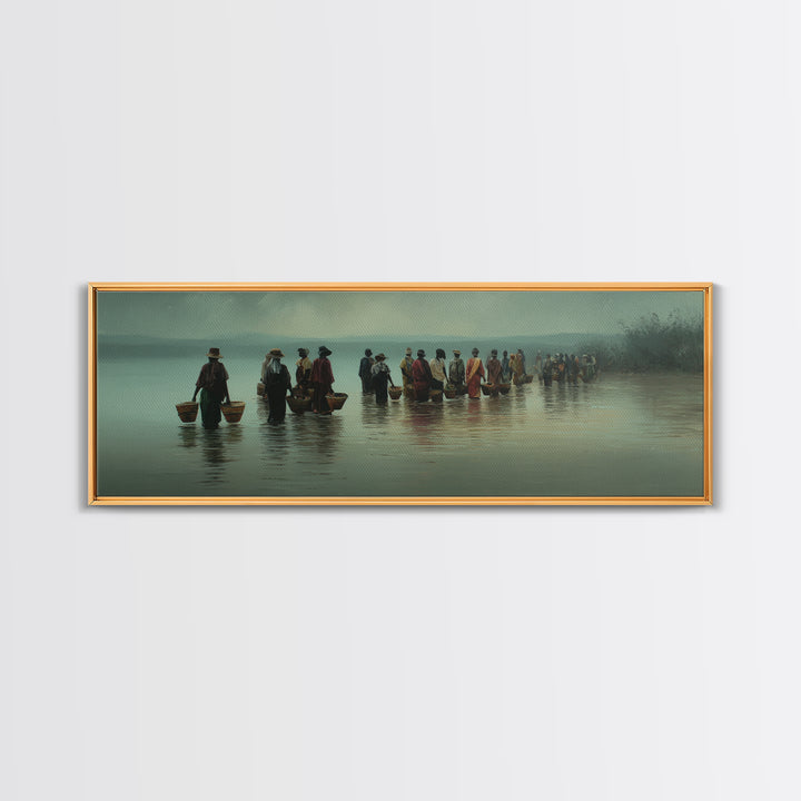 Misty African Fishermen Procession Wall Art, Panoramic Lake Landscape, Cultural African Decor, Serene Safari Home Decor Gift