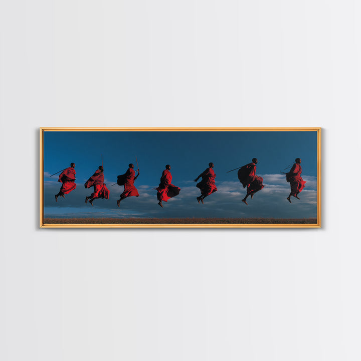Red Maasai Warriors Leaping With Spears Wall Art, Panoramic African Tribal Art, Safari Decor, Bold Cultural Home Decor Gift