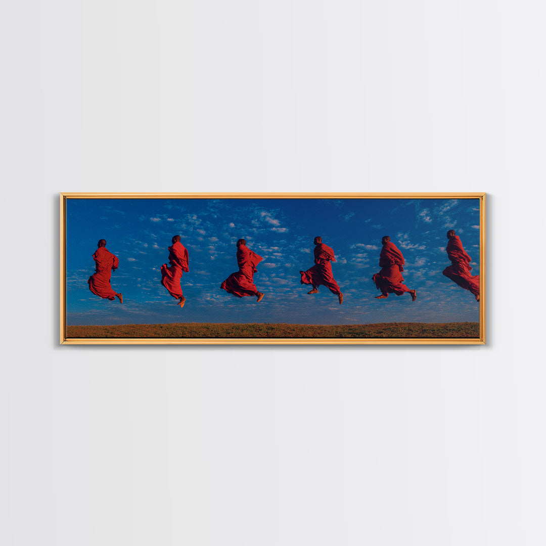 Floating Red Maasai Dancers Framed Canvas Print, African Wall Art, Tribal Safari Decor, Vibrant Cultural Living Room Art