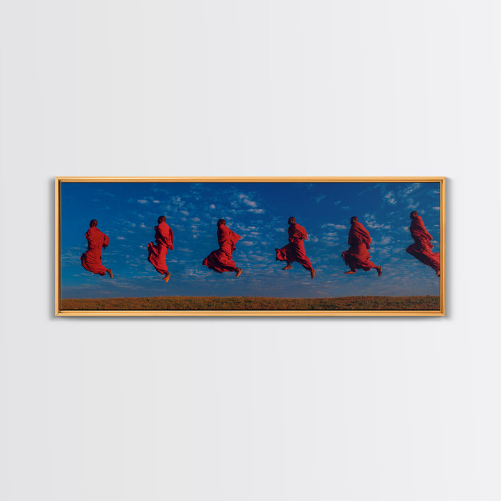 Floating Red Maasai Dancers Framed Canvas Print, African Wall Art, Tribal Safari Decor, Vibrant Cultural Living Room Art