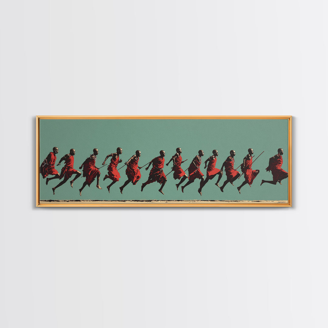 Dynamic Maasai Warriors Running Wall Art, African Warrior Art, Tribal Culture Canvas, Panoramic Safari Home Decor Art Gift