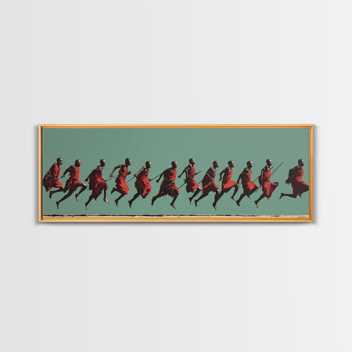 Dynamic Maasai Warriors Running Wall Art, African Warrior Art, Tribal Culture Canvas, Panoramic Safari Home Decor Art Gift