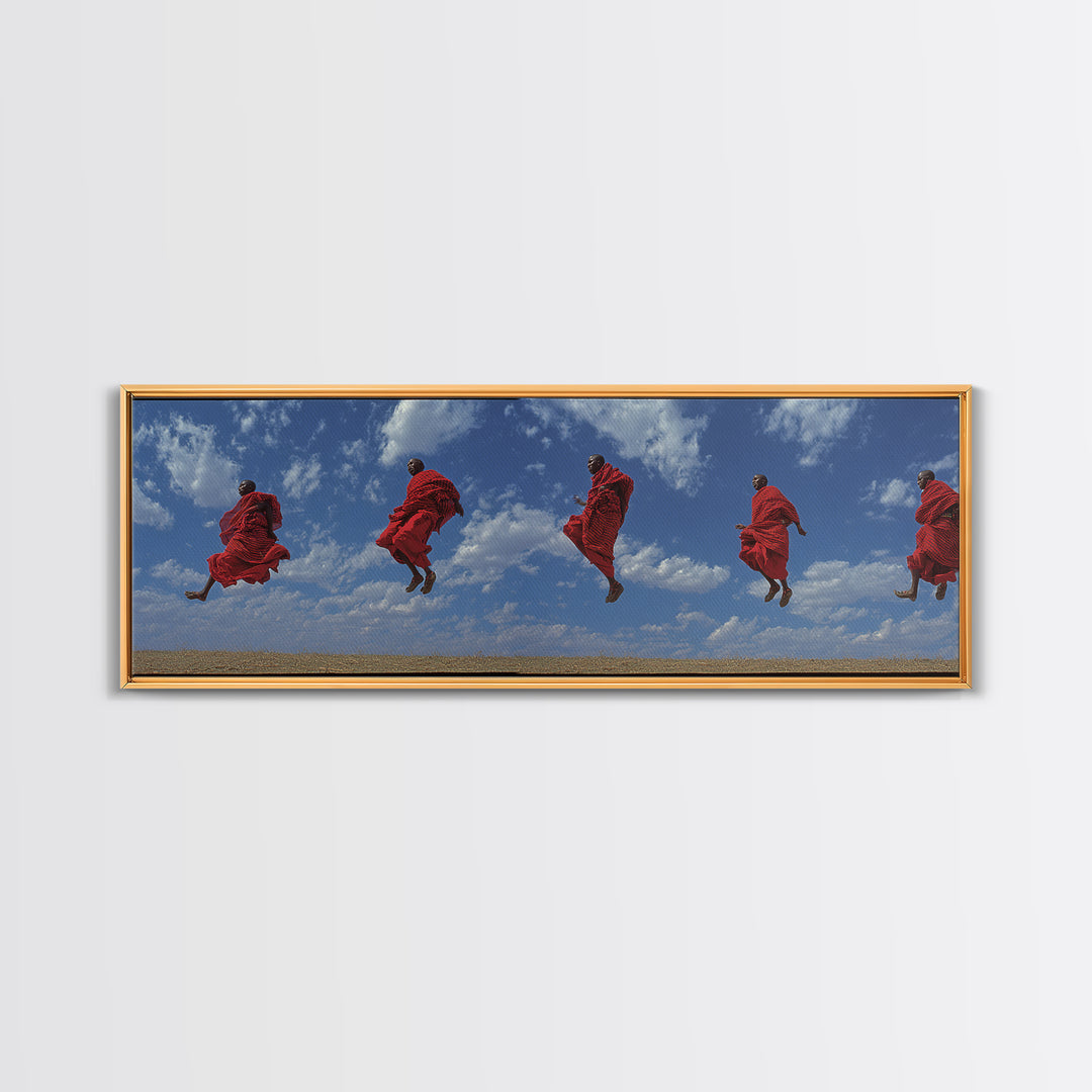 Airborne Maasai Dancers Under Clouds Canvas Print, African Wall Art, Red Tribal Safari Decor, Cultural Statement Gift For Home
