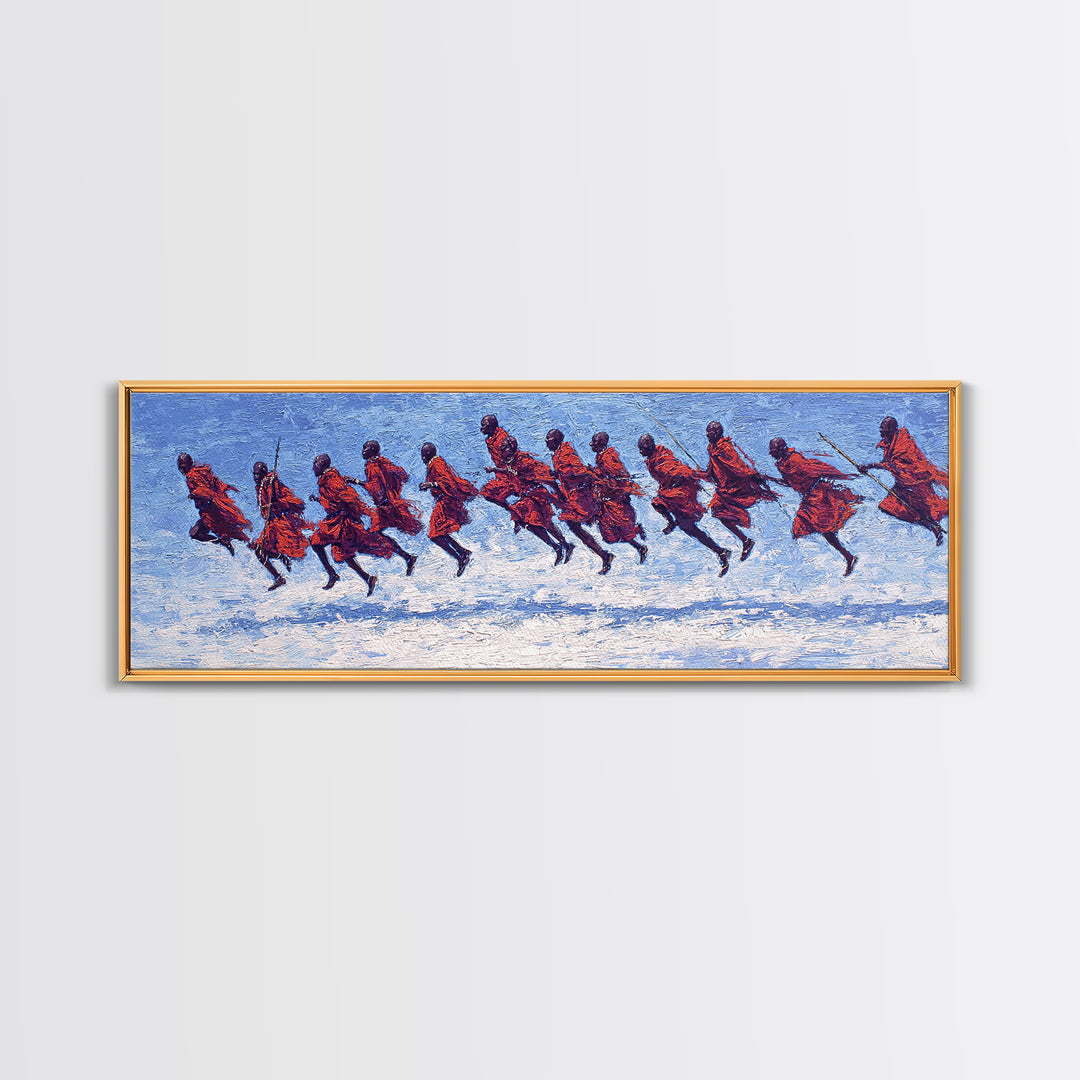 Blue Textured Maasai Warriors Running Wall Art, Abstract African Art, Tribal Safari Decor, Vibrant Panoramic Canvas Print