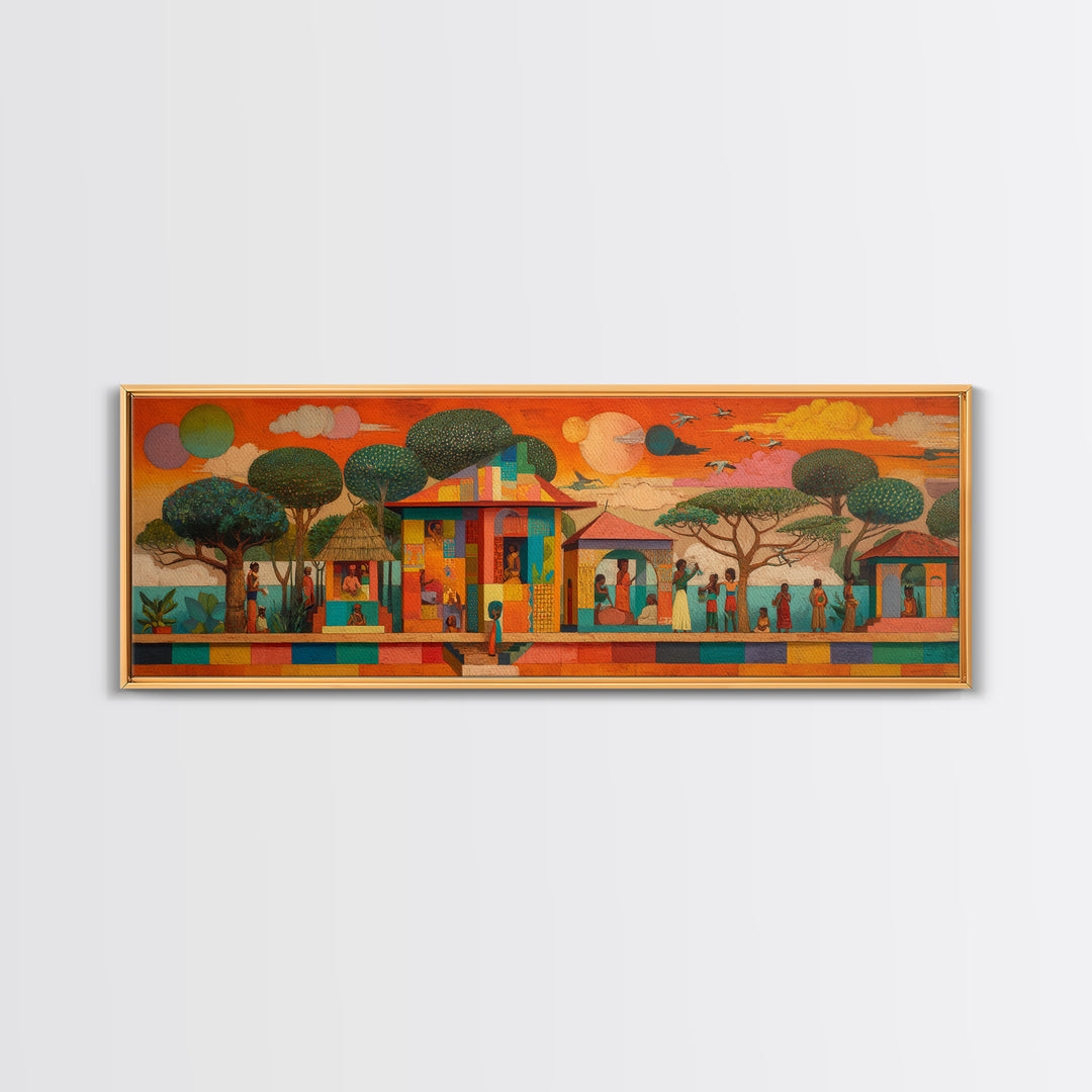 Modern African Village Framed Canvas Print, Sunset Trees And Colorful Homes, Afrocentric Landscape Decor, Cultural Wall Art
