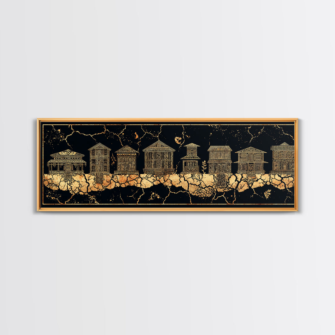 Gold African Village Wall Art, Black Crackle Line Houses, Tribal Architecture Print, Luxury Afrocentric Statement Decor Gift