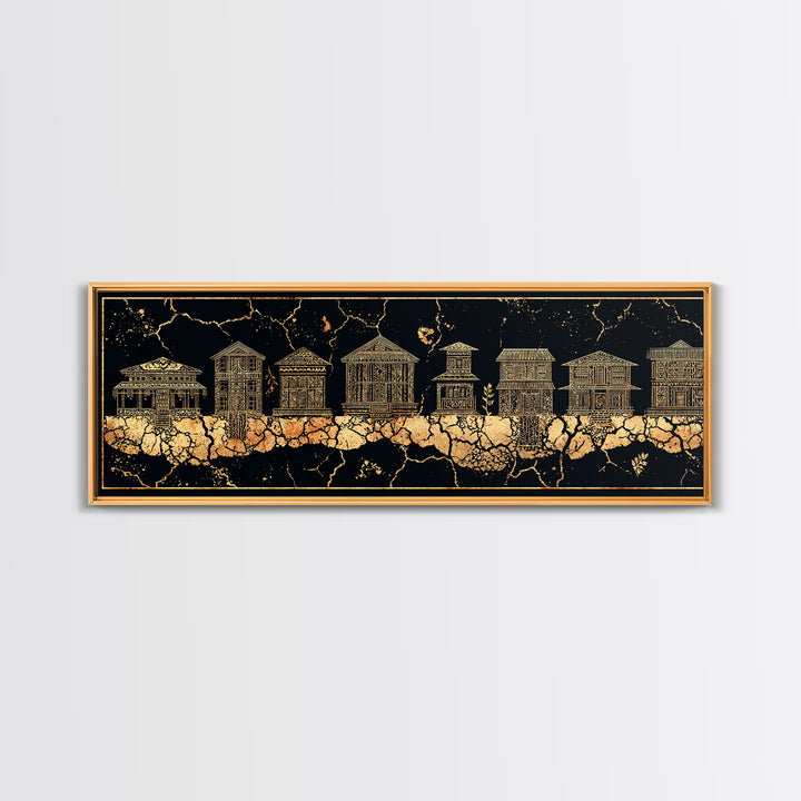 Gold African Village Wall Art, Black Crackle Line Houses, Tribal Architecture Print, Luxury Afrocentric Statement Decor Gift