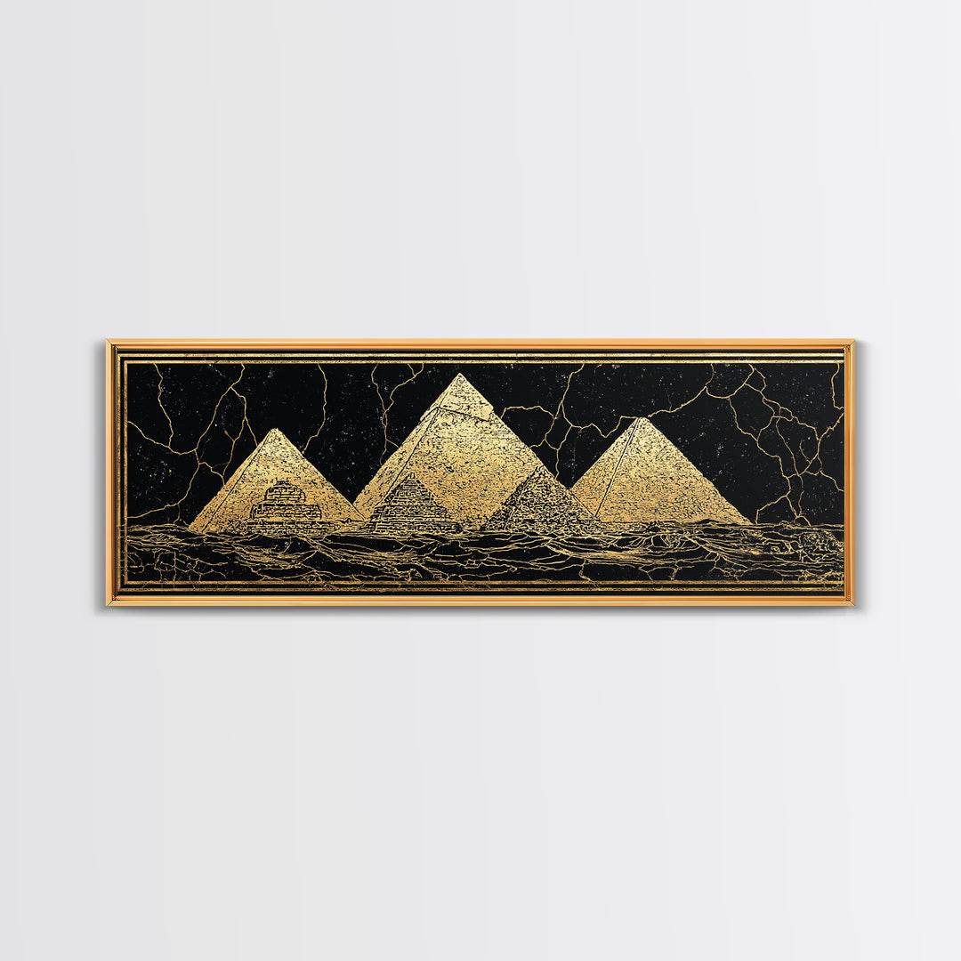 Gold Egyptian Pyramids On Black Wall Art, African Egyptian Art Canvas Print, Ancient Africa Decor, Luxury Abstract Poster