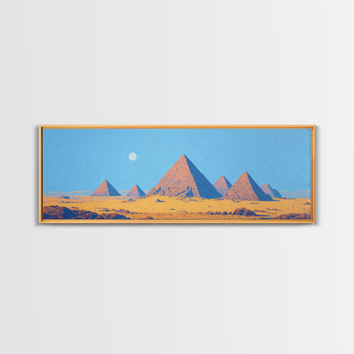 Blue Sky Egyptian Pyramids Moon Wall Art, African Landscape Canvas Print, Desert Travel Poster, Minimalist Cultural Decor